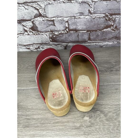 Danish Design Red Leather Wooden Heel Handmade Clogs Shoes Women Sz 38EU/7.5M US - Picture 7 of 16